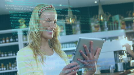 In cafe, woman using tablet with animation of computer code overlay