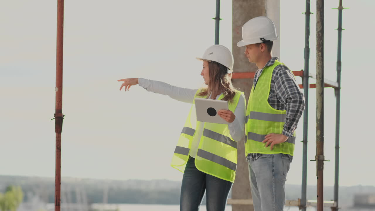 dos ingenieros un hombre y una mujer con cascos blancos con una tableta en el sitio de construcción condenan el plan de construcción del edificio