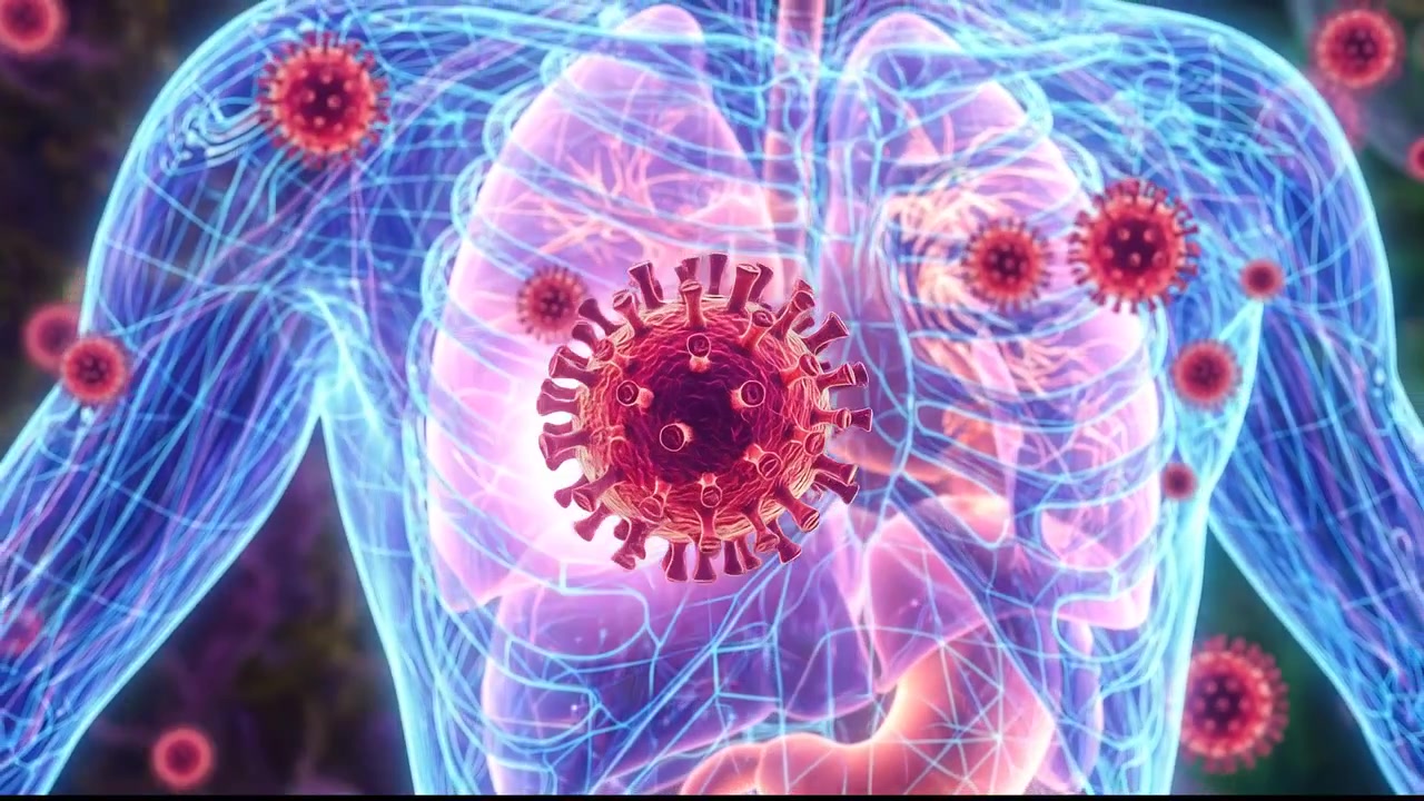 Modelo de transparencia del cuerpo humano con grupos de patógenos brillantes atacando órganos