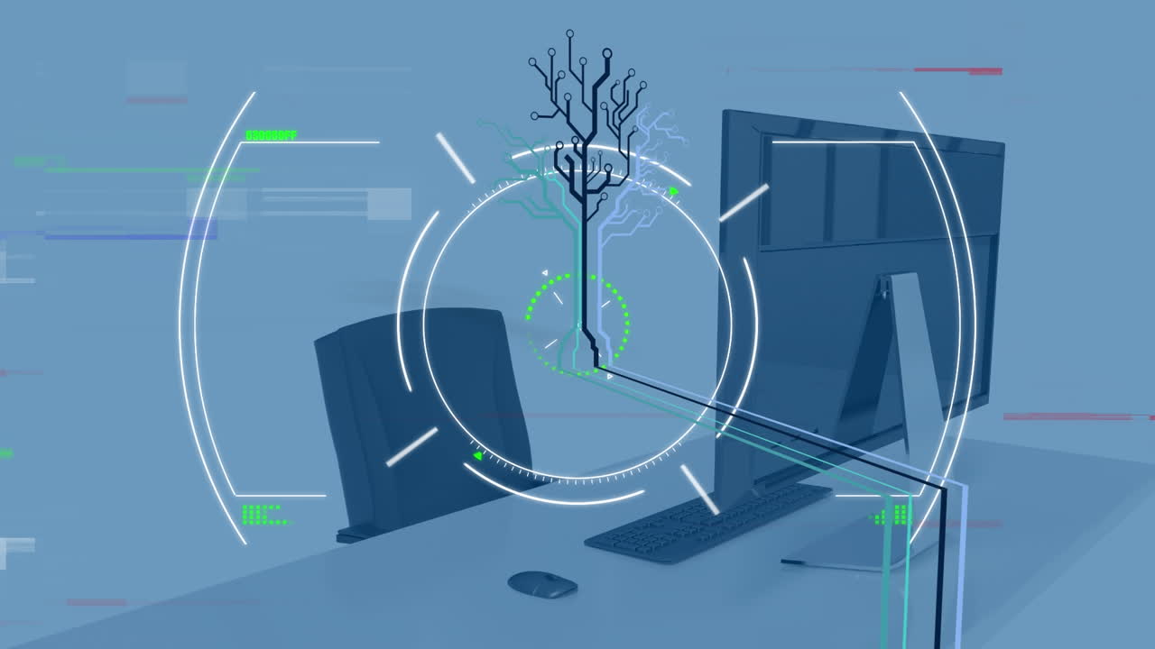 animación de interferencia y escaneo de alcance sobre la oficina vacía