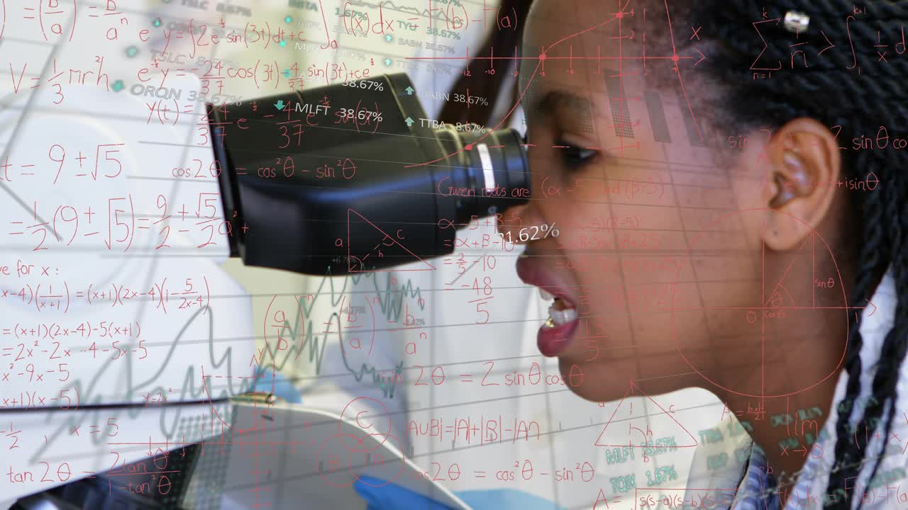Mentor aligning microscope camera and guiding student adjusting focus in lab with formulas, graphs