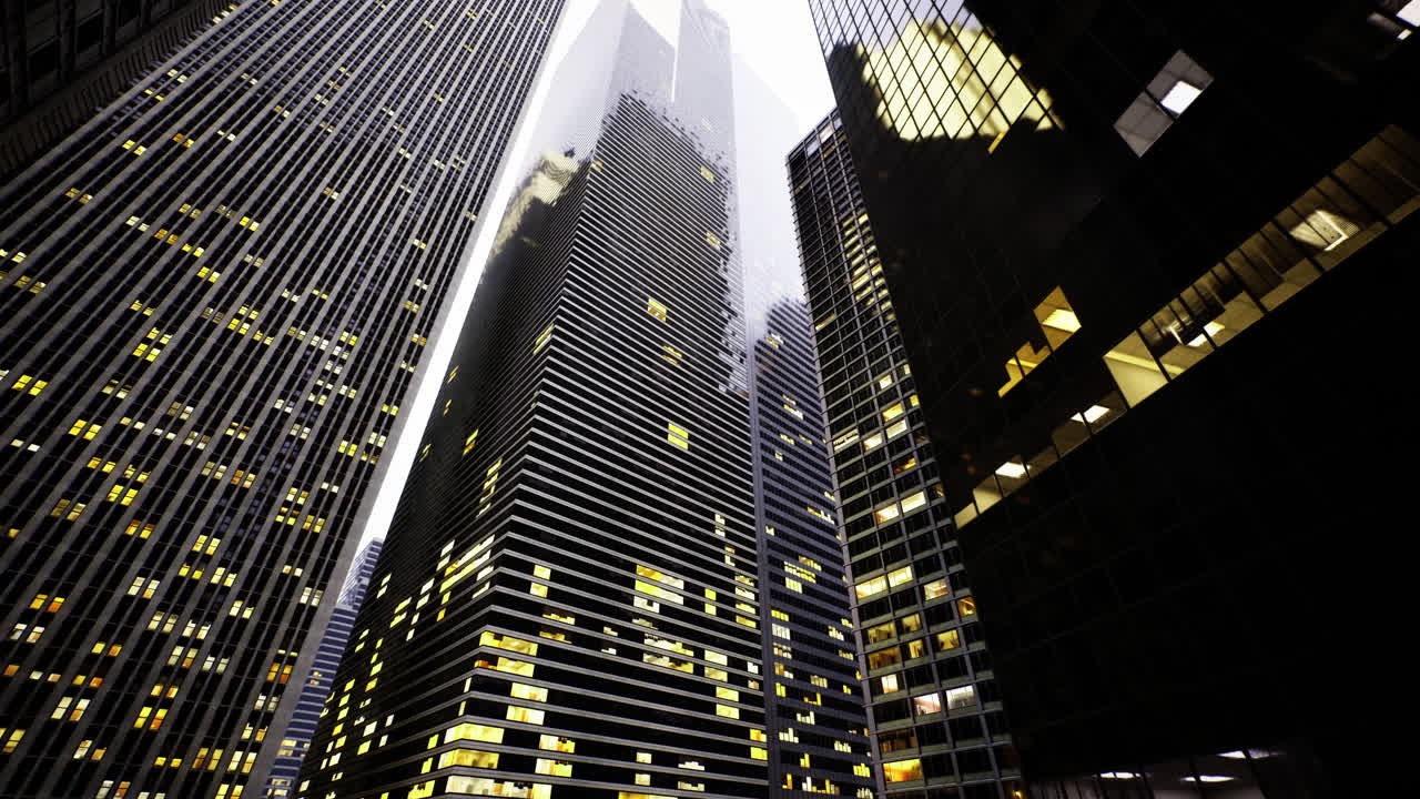 Modern skyscrapers reflect evening light in an urban financial district