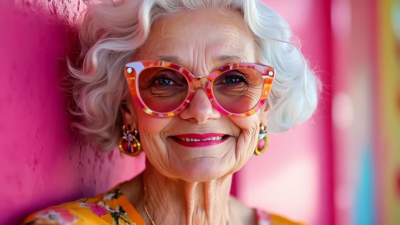 una mujer mayor con gafas de sol apoyándose en una pared rosa