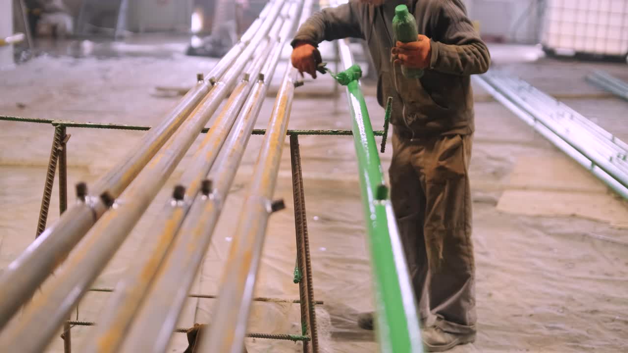 el trabajador pintor está pintando un tubo de metal con un rodillo de color verde en un gran sitio de construcción.