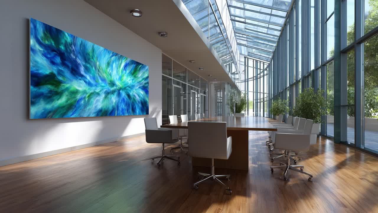 Sala de conferencias moderna con una gran obra de arte mural y paredes de cristal, bañada en luz natural, que exhibe un diseño de espacio de trabajo elegante y contemporáneo