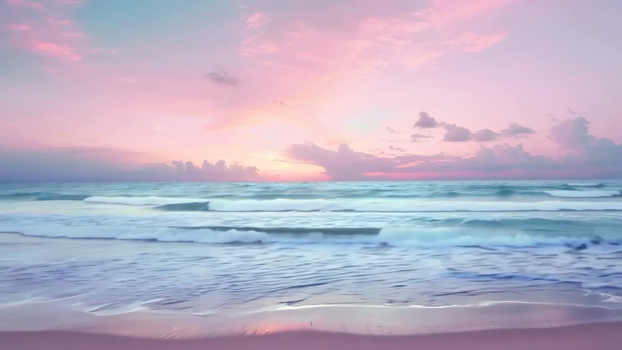 A serene video captures a pastel-hued sunset over gentle ocean waves