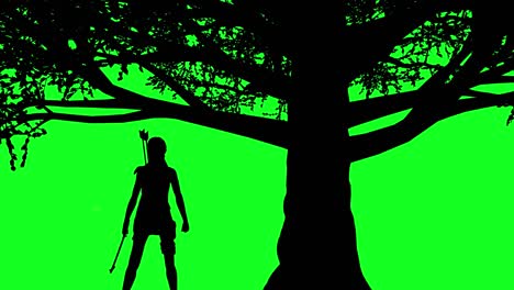 pantalla verde hermosa muchacha guerrera de pie bajo un árbol durante el atardecer tiempo de fondo naranja-púrpura