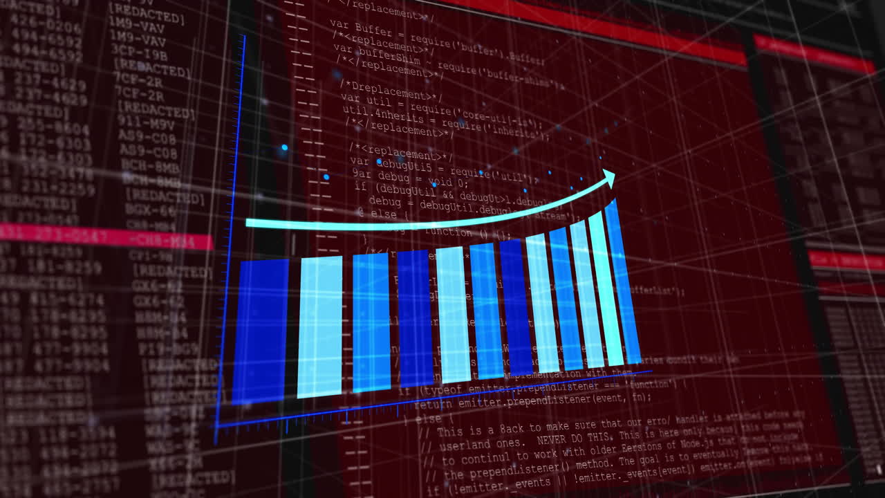 Animating rising bar graph over red digital code background in school presentation