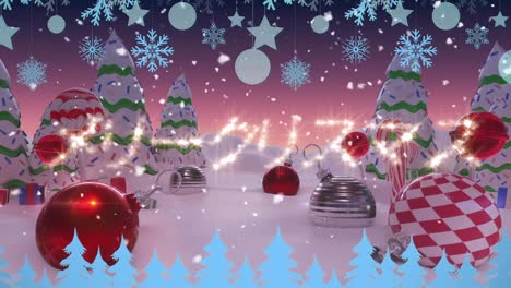 animación de navidad texto asiático sobre decoración navideña y paisaje de invierno