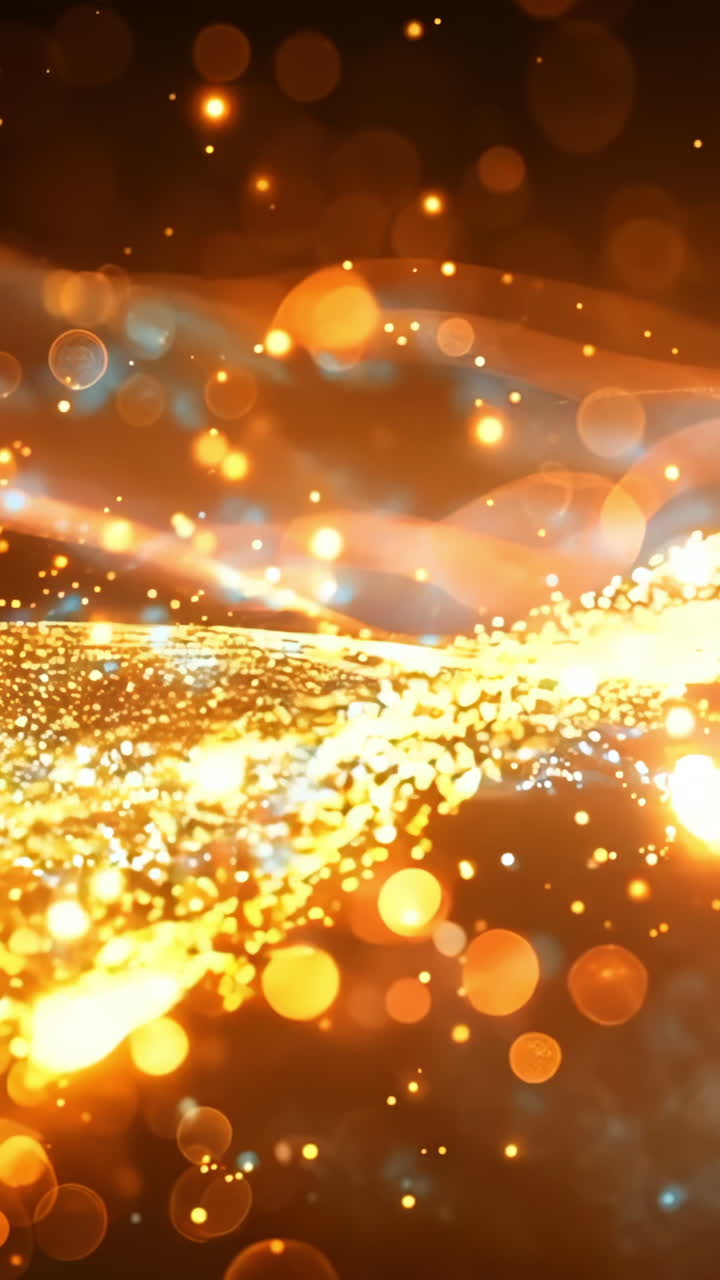 A wave of light with a lot of sparkles. The sparkles are orange and blue. The wave is very long