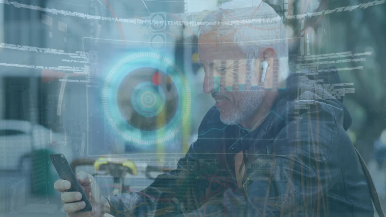 Animation of screens with data processing against caucasian man using smartphone on the street