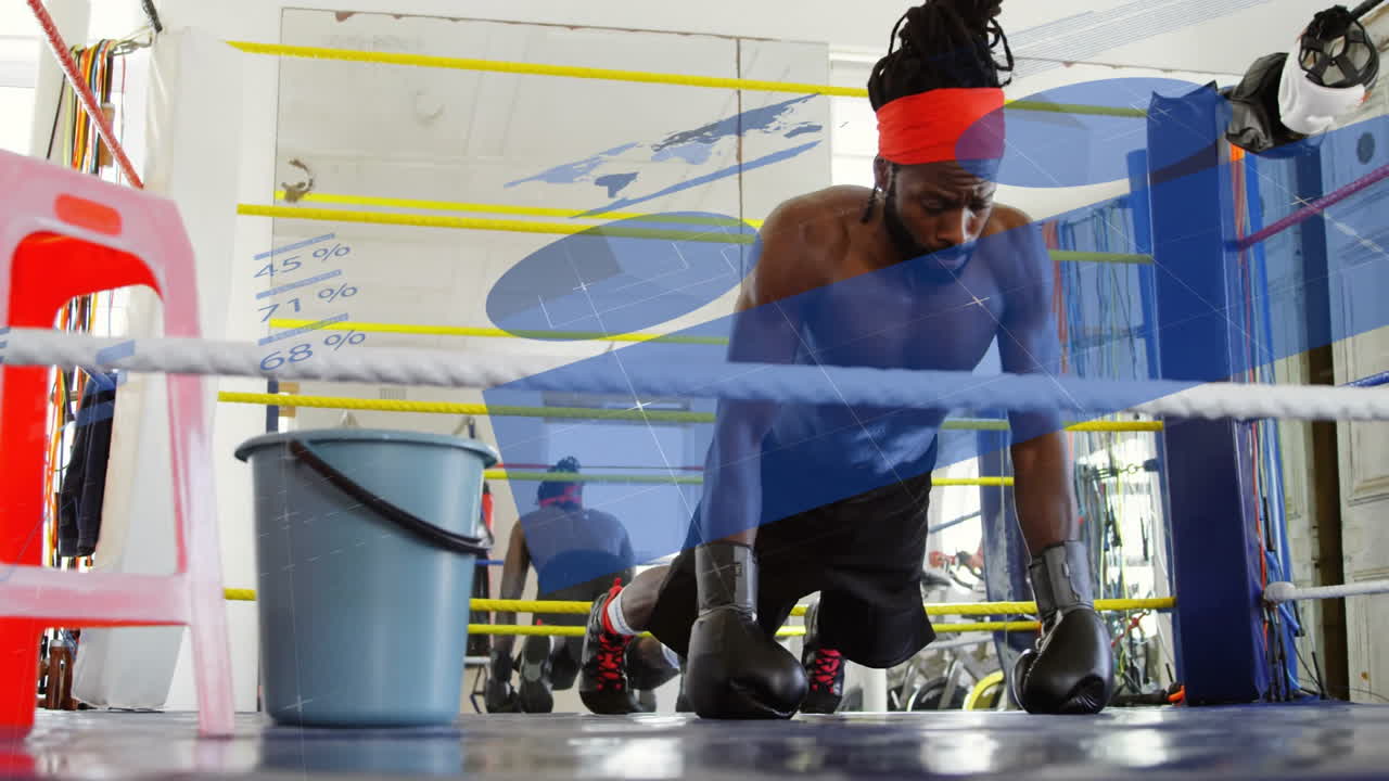 male boxer practicing punches inside boxing gym ring, displaying animated fitness metrics