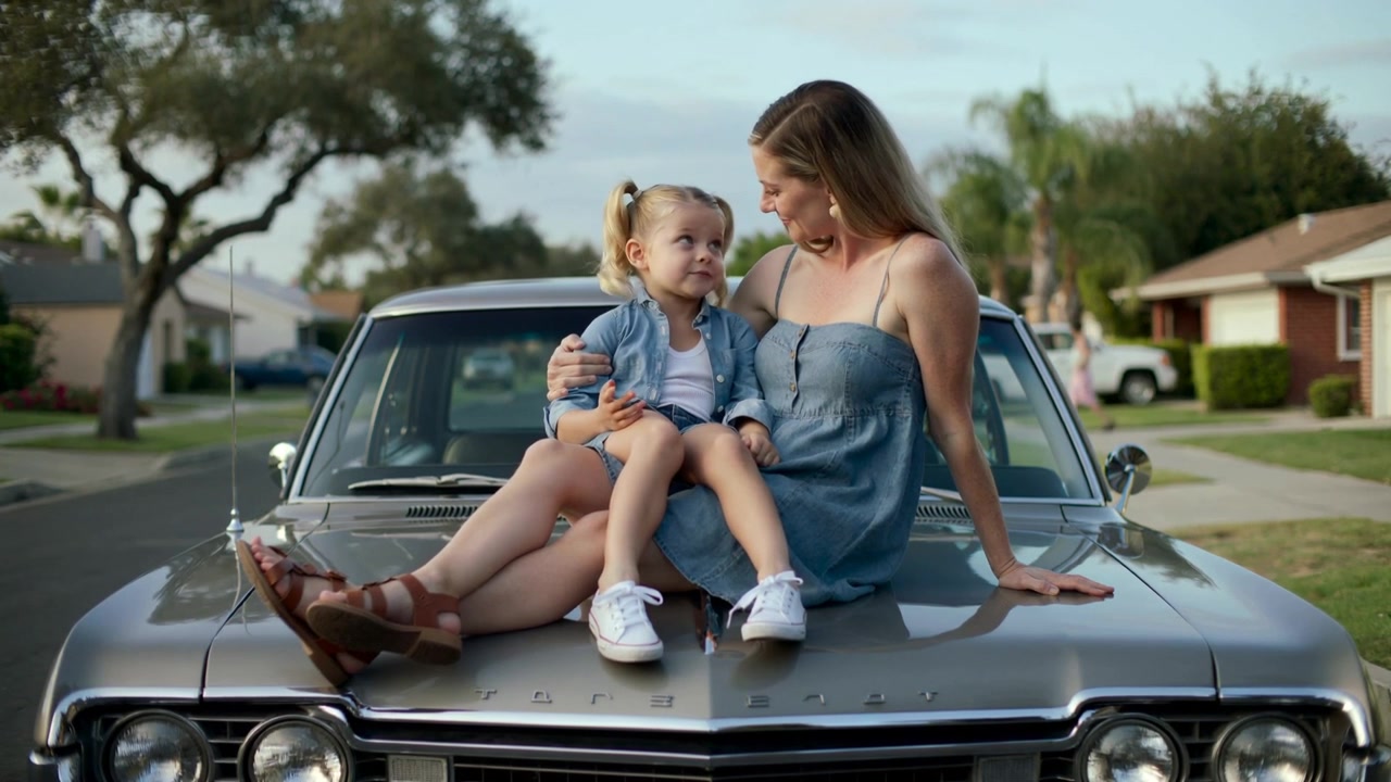 Madre in jeans che, in periferia, conforta il bambino che parla, appoggiata al cofano di una berlina d'epoca argentata.