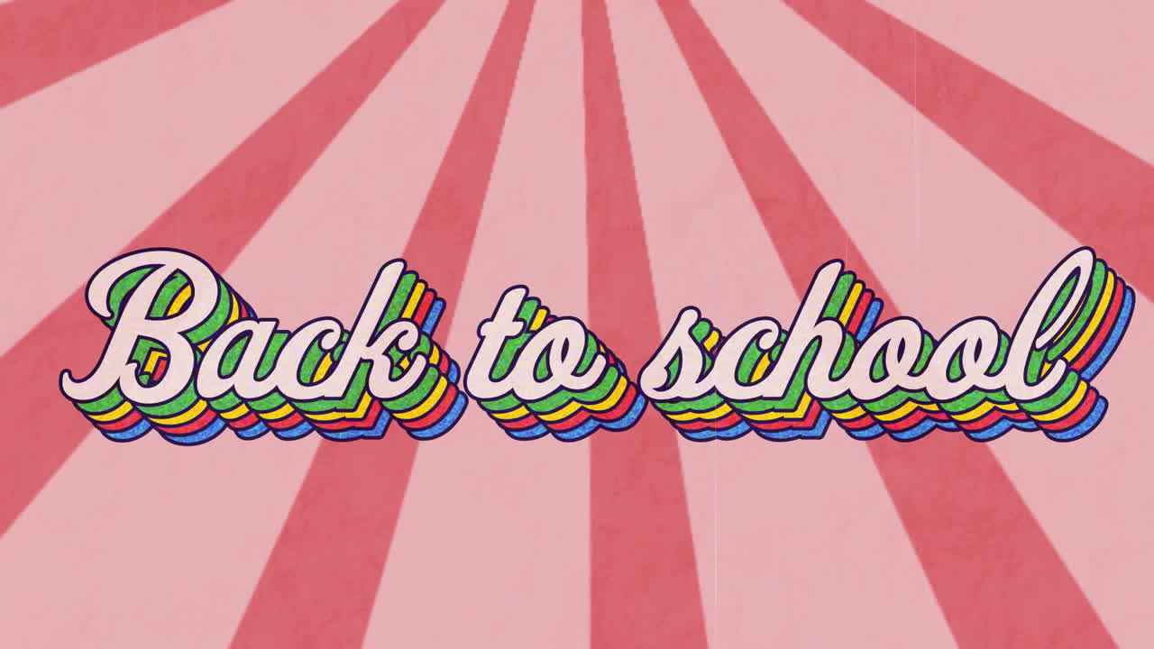 핑크색 패턴 배경 위에 학교로 돌아가는 무지개 텍스트의 애니메이션