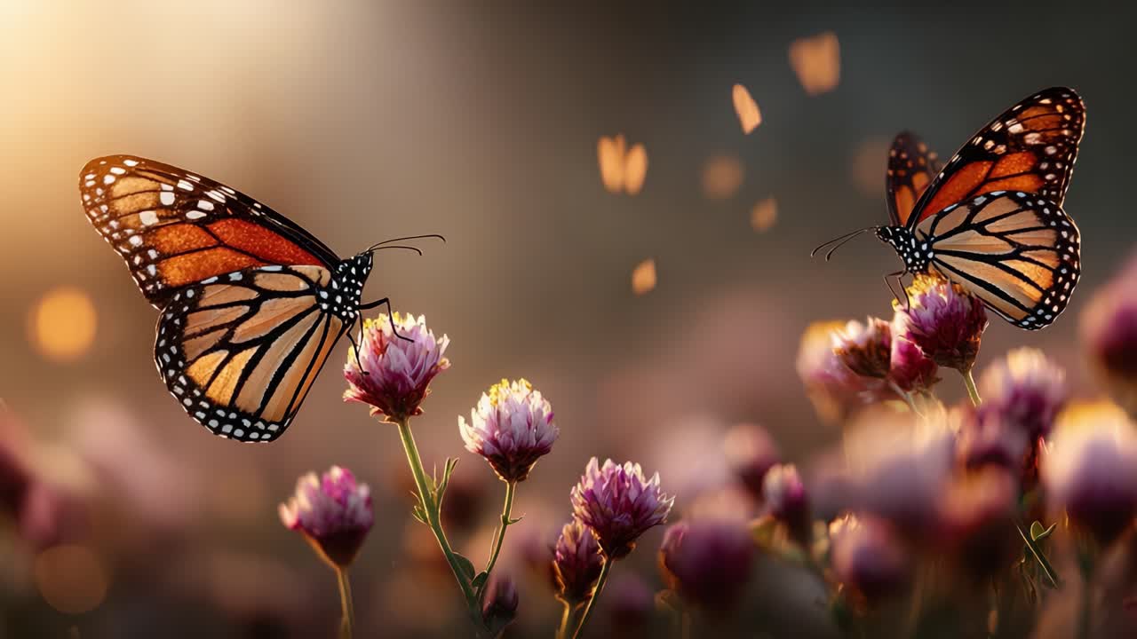 Un momento affascinante di farfalle monarca che danzano tra vivaci fiori selvatici, catturato in un ambiente naturale sereno, sottolineando armonia e bellezza nella natura.