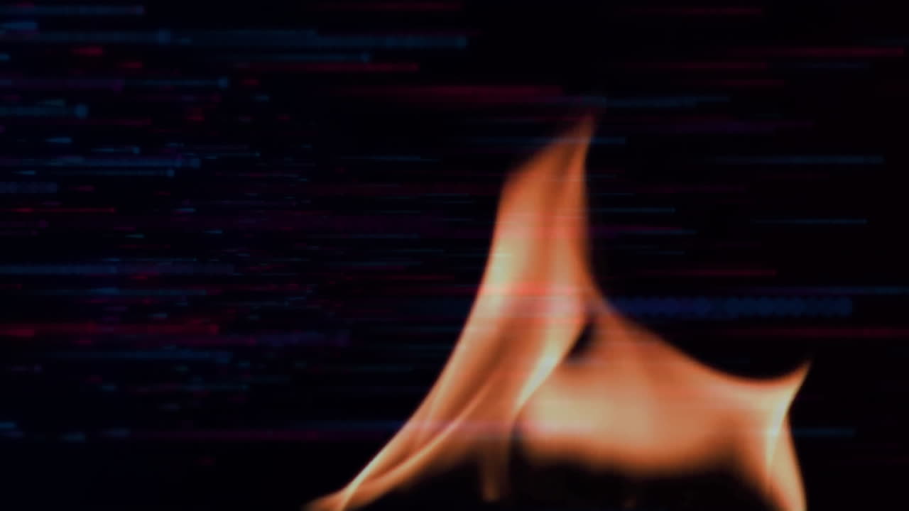 Dancing orange-yellow flame flickering in glitch backdrop, featuring red-blue digital static lines