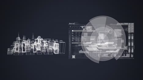 animación de un dibujo de arquitectura 3d de la ciudad con escaneo de alcance y procesamiento de datos