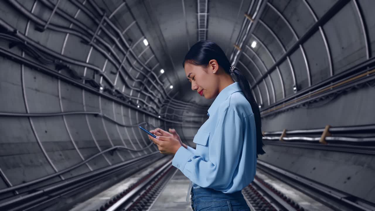 Side View Of Asian Female With Her Smartphone In Underground Subway Tunnel, Checking With Dissapionted And Nodding Her Shead