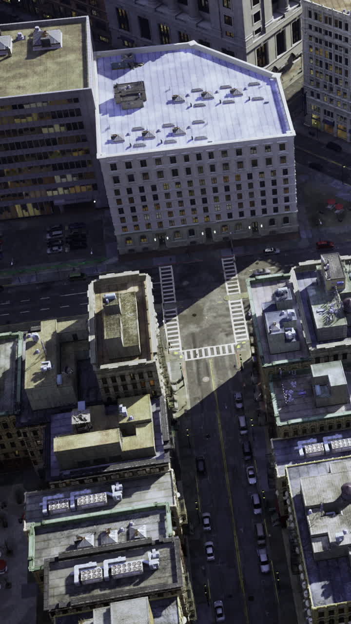 Cruzamento urbano visto de cima com edifícios e detalhes da rua