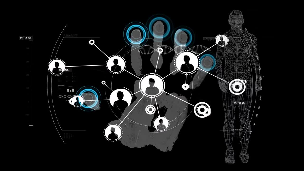 블랙 배경에 아이콘과 지문과 디지털 인간의 애니메이션
