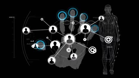 animation of icons and fingerprint and digital human on black background
