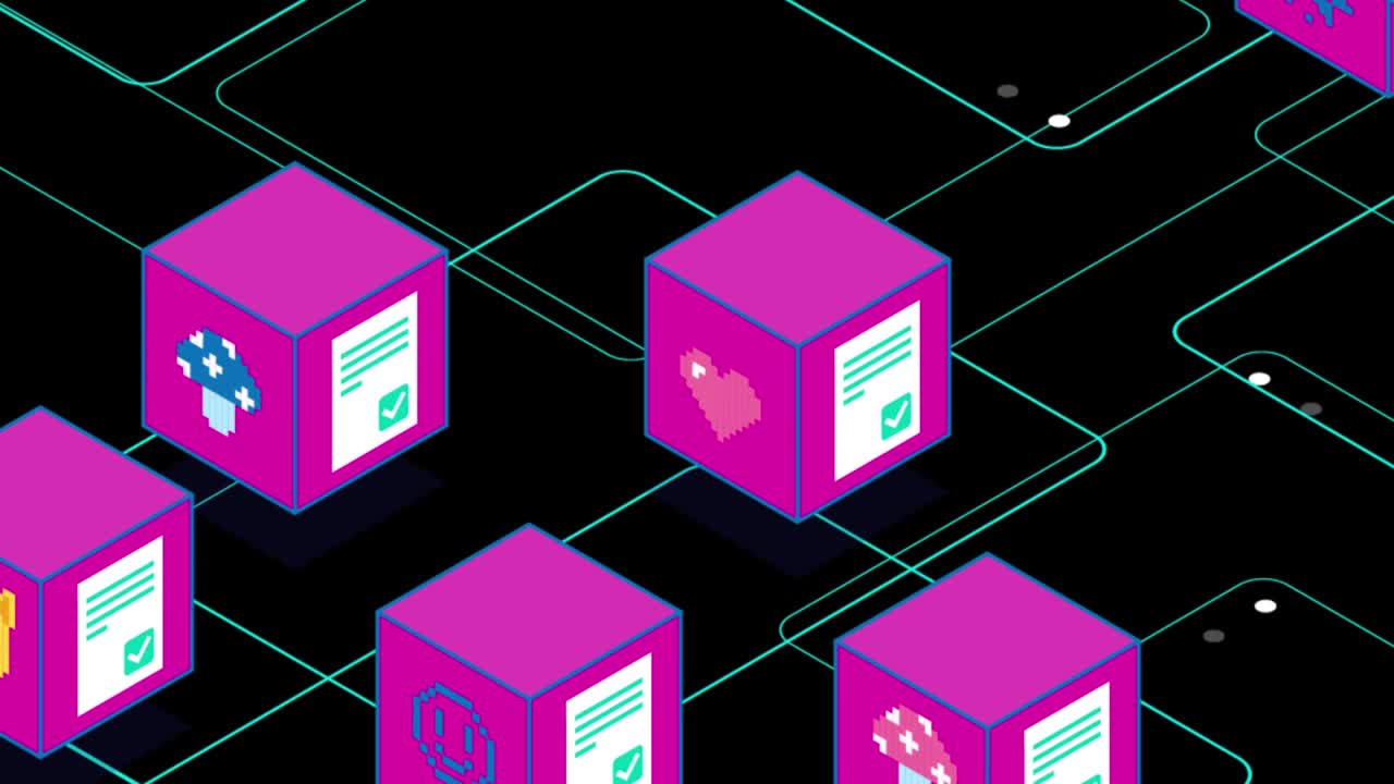Pink Virtual Blocks NFT CryptoArt Animation on a Black Background. Digital Money Exchange. Blockchain Technology. NFT Metaverse Concept. 4K