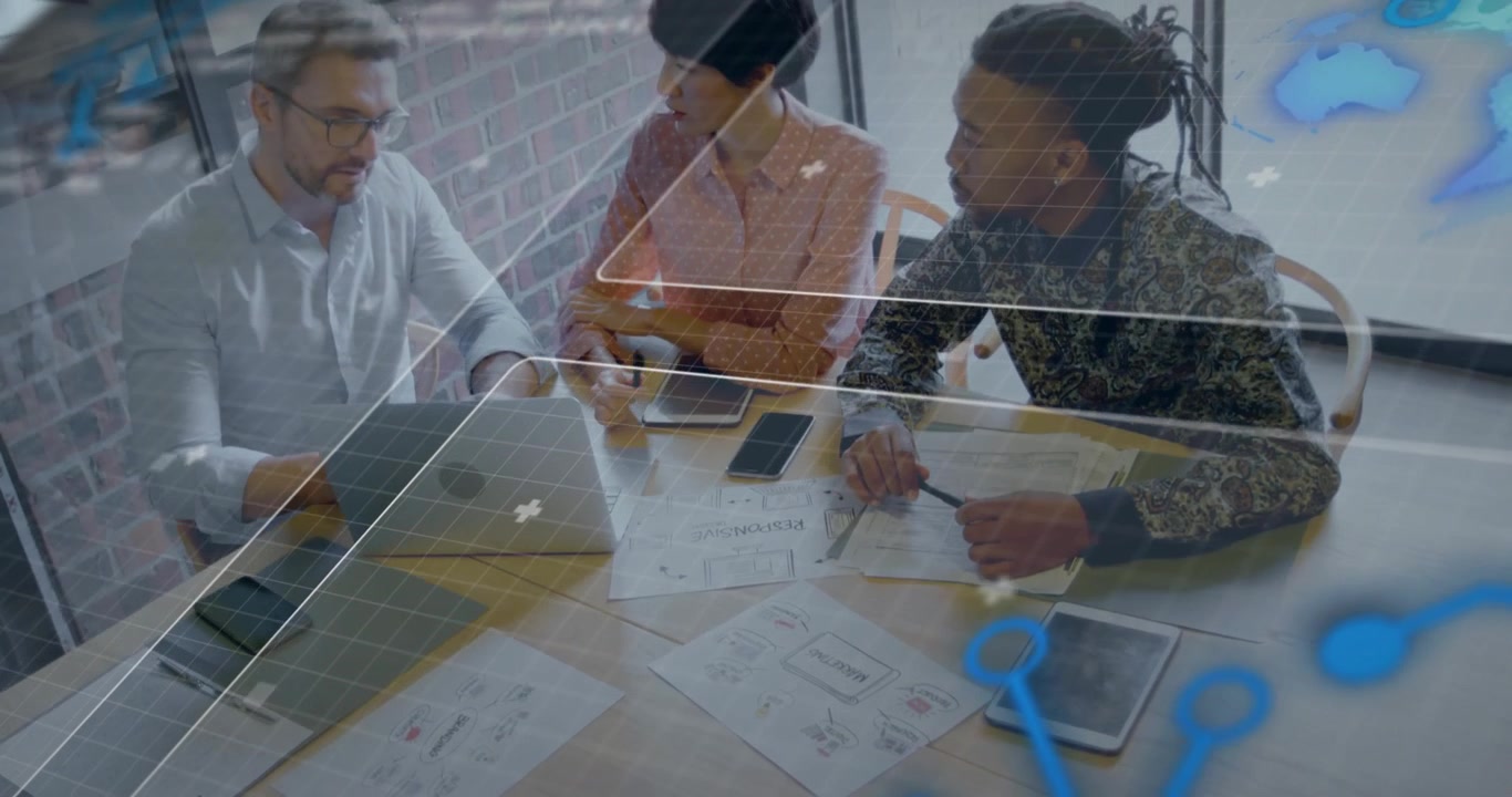 Discussing project with digital animation, business team in modern office setting