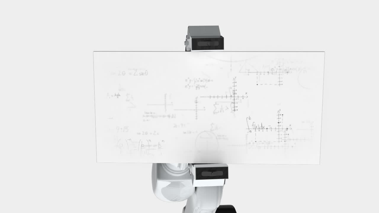 Digitally generated video of robotic arm holding card with mathematical formula
