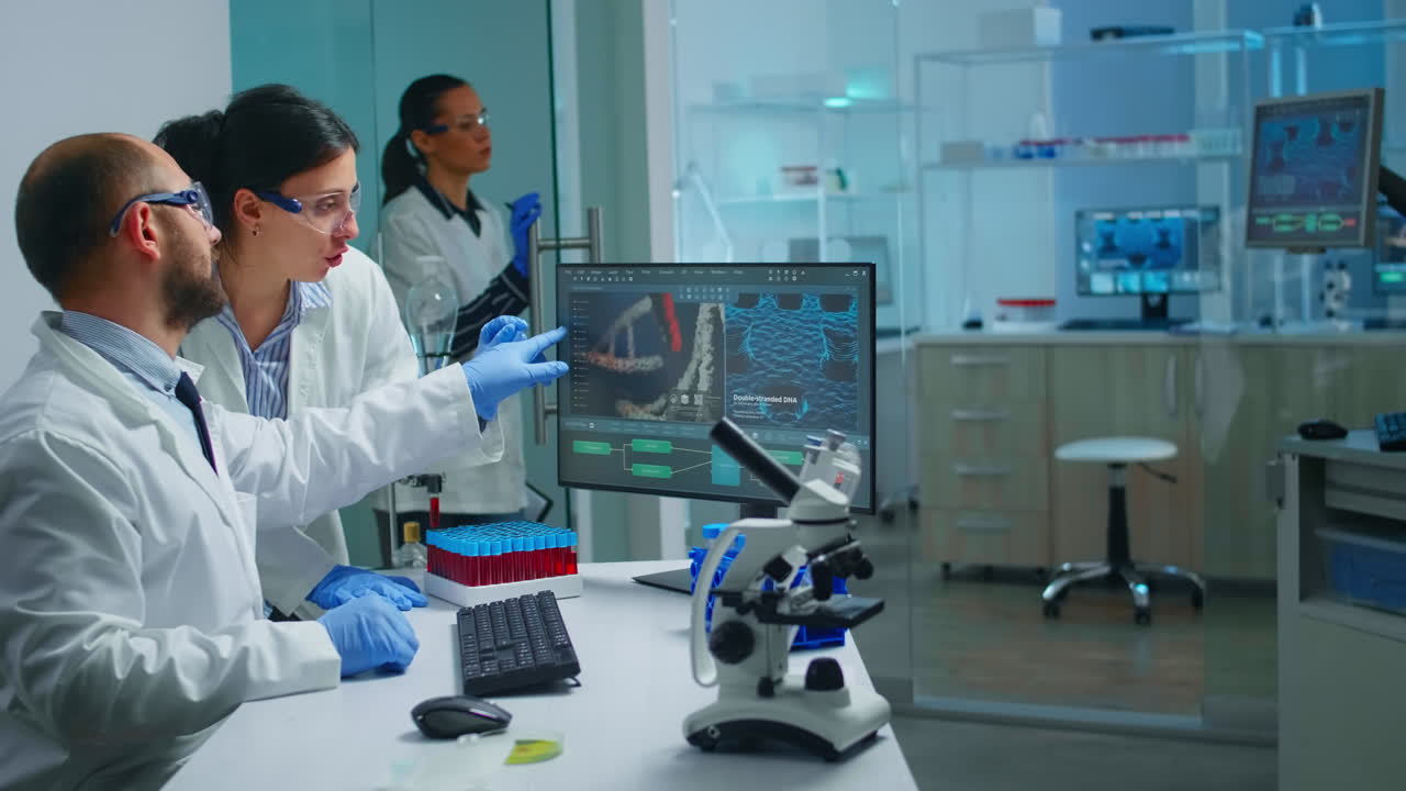 médico químico explicando a un compañero de trabajo el desarrollo de vacunas