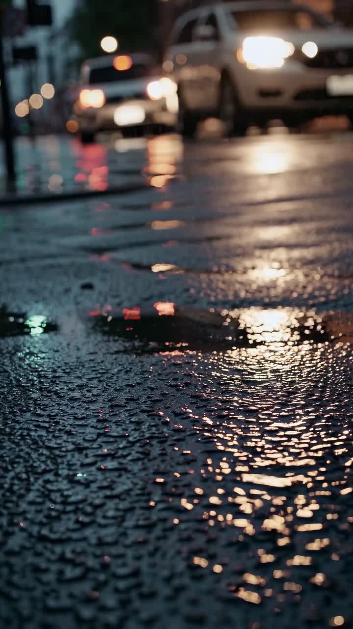 Moody urban scene captured at street level, showcasing wet pavement ...