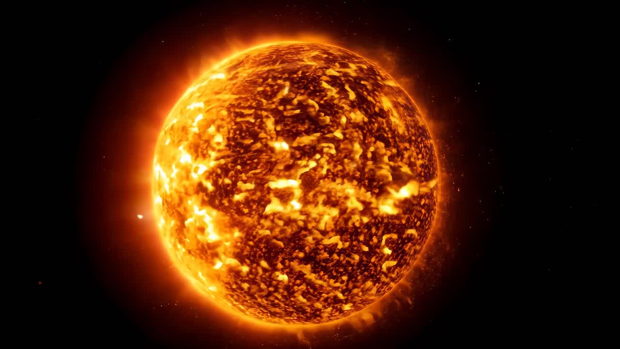 A close-up video of the sun, showcasing its fiery surface and solar flares