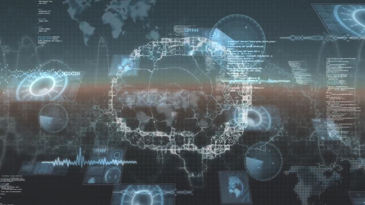 Animation of brain over data processing on moving screens