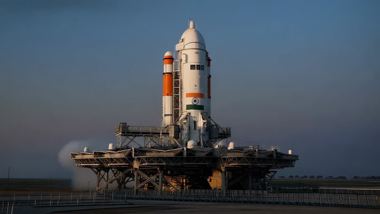 Starting camera zooming, revealing rocket on launch platform at complex, showing Ashoka Chakra