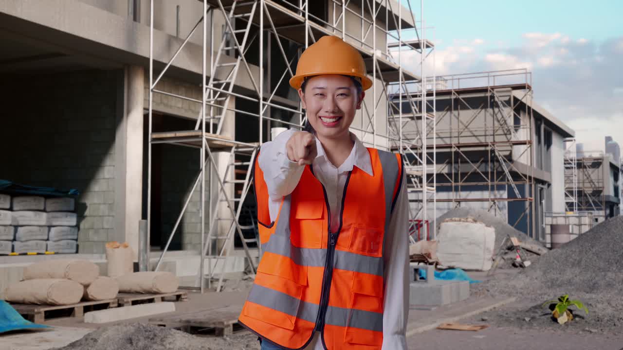 Asian Female Engineer With Safety Helmet Smiling And Touching Her Chest Then Pointing At You While Standing At Construction Site in Progress to New House