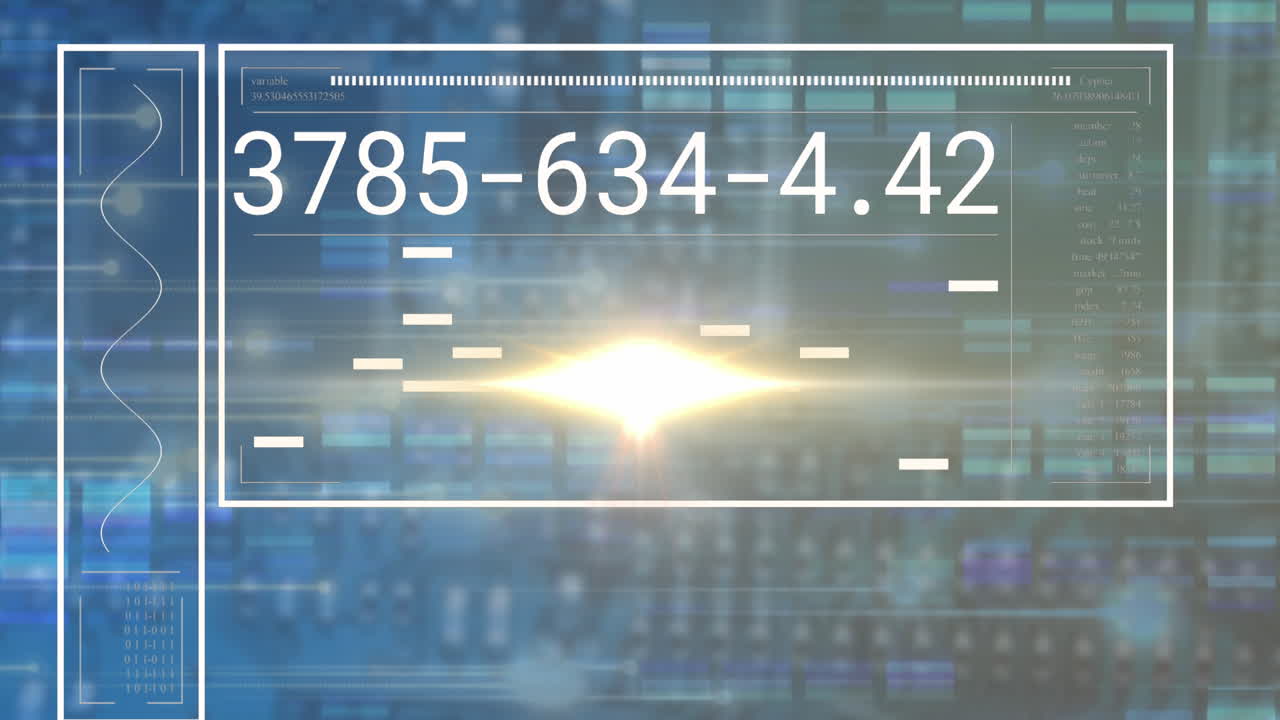 데이터 처리 및 파란 모자이크 사각형에 대한 빛의 점과 인터페이스의 애니메이션