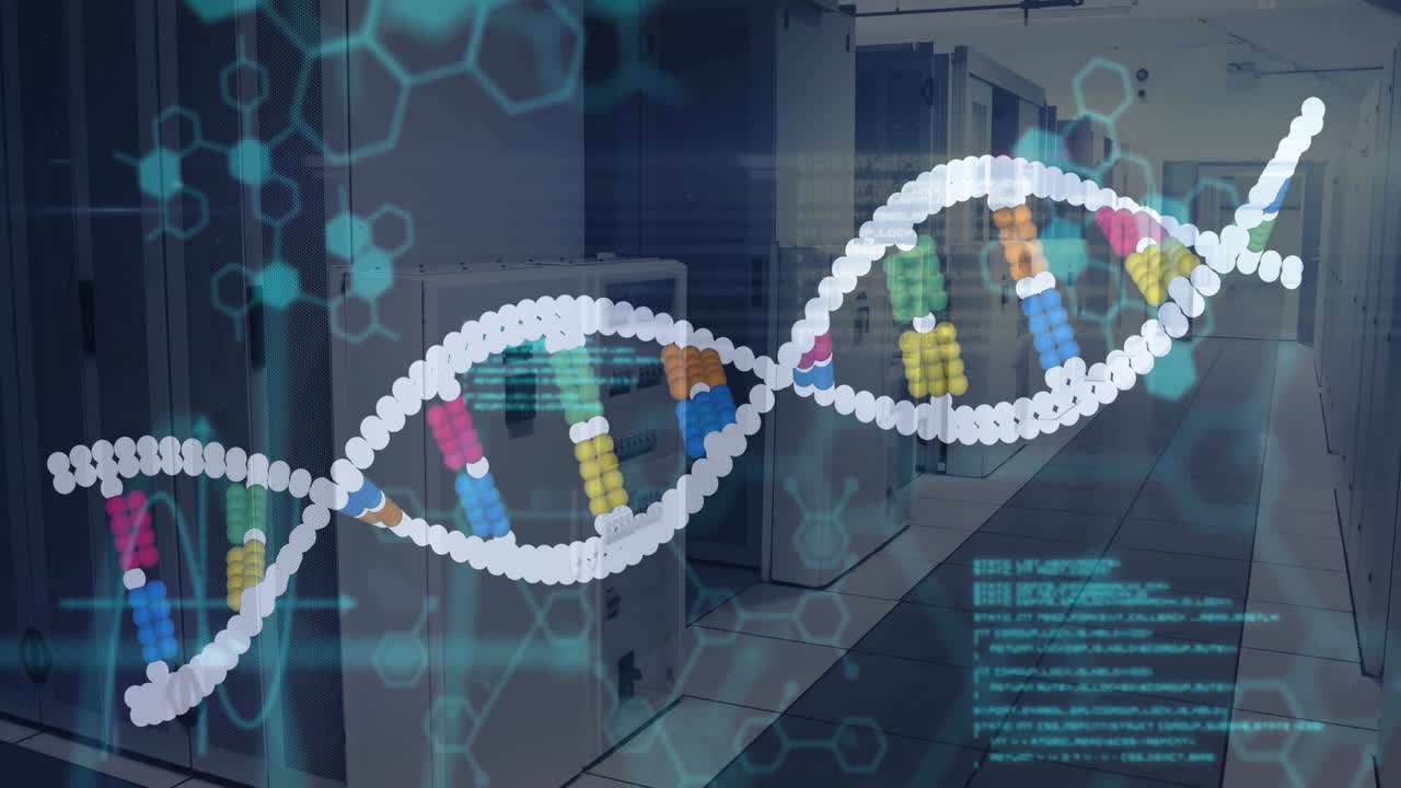 Processing scientific data, DNA strand and binary coding animation in school setting