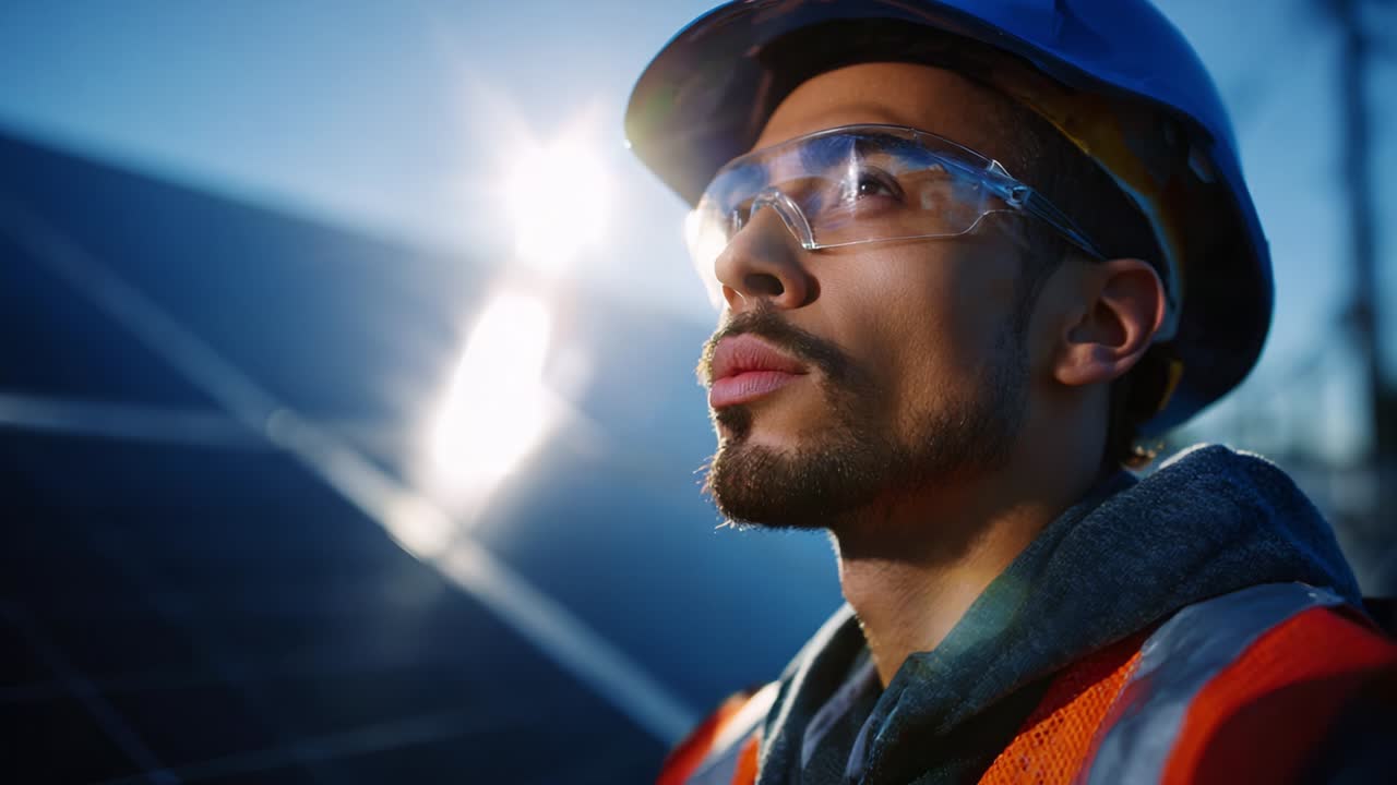 Focused Renewable Energy Professional Evaluating Sustainable Solar Panel Technologies in Bright Sunlight, Demonstrating Commitment to Innovation and Environmental Preservation in the Renewable Energy Sector