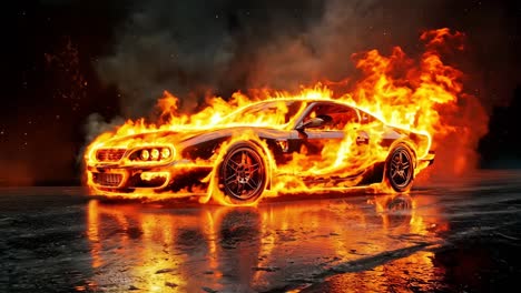 a car in flames on a dark background