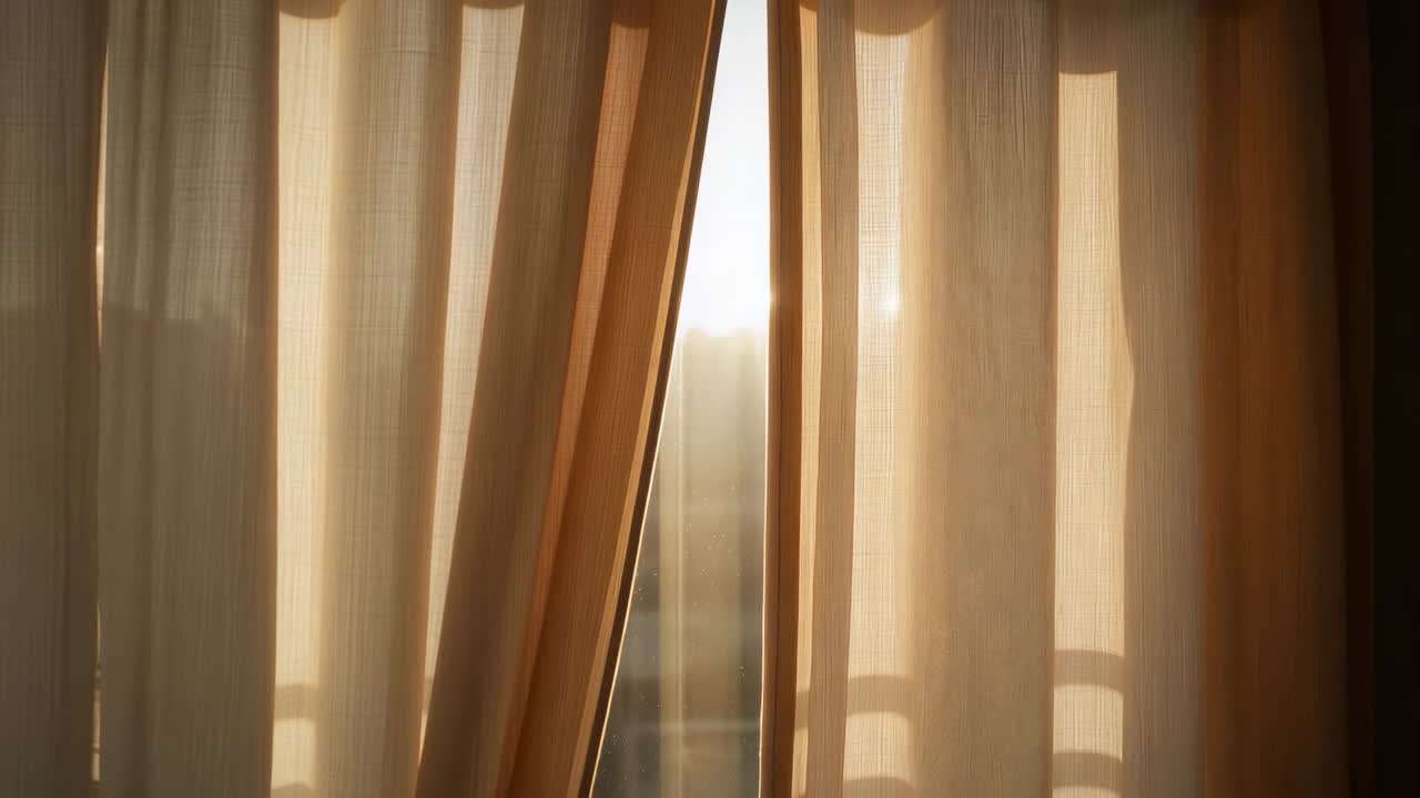 Gentle breeze moving sheer curtains, widening center slit at window, sunlight casting shadow lines
