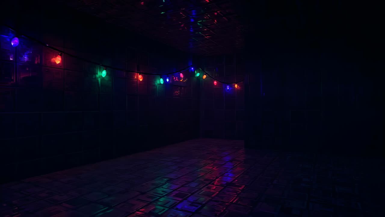 Pulsing LED lights casting shifting reflections on glossy tile floor in basement, creating mood
