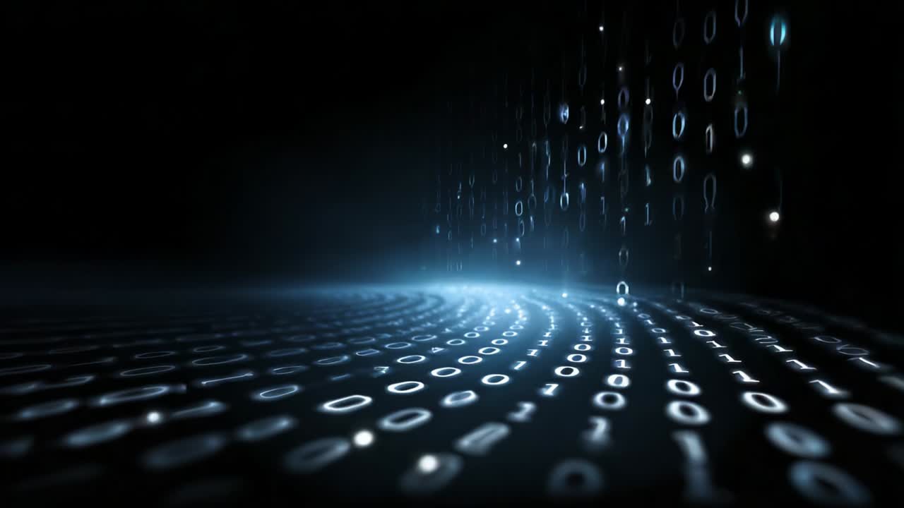A mesmerizing journey through the digital realm, captured in two stunning frames showcasing a cascade of binary code and data streams that illuminate the dark backdrop, creating an ethereal effect