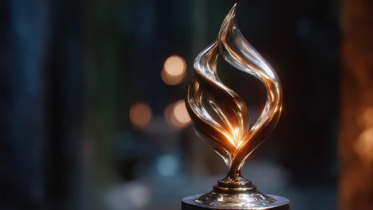 Trofeo Fiamma Scintillante che esibisce un design artistico e una maestria artigianale, con una finitura metallica accattivante, sotto una soffusa illuminazione ambientale.