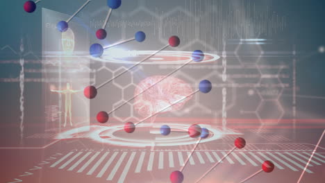 estructura de adn sobre interfaz digital con procesamiento de datos médicos contra un fondo azul