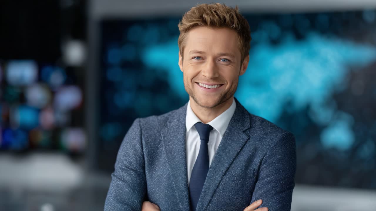 A Confident and Charismatic Presenter in a Professional Setting with a Bright Smile and Engaging Expression, Ready to Broadcast Information and Connect with an Audience