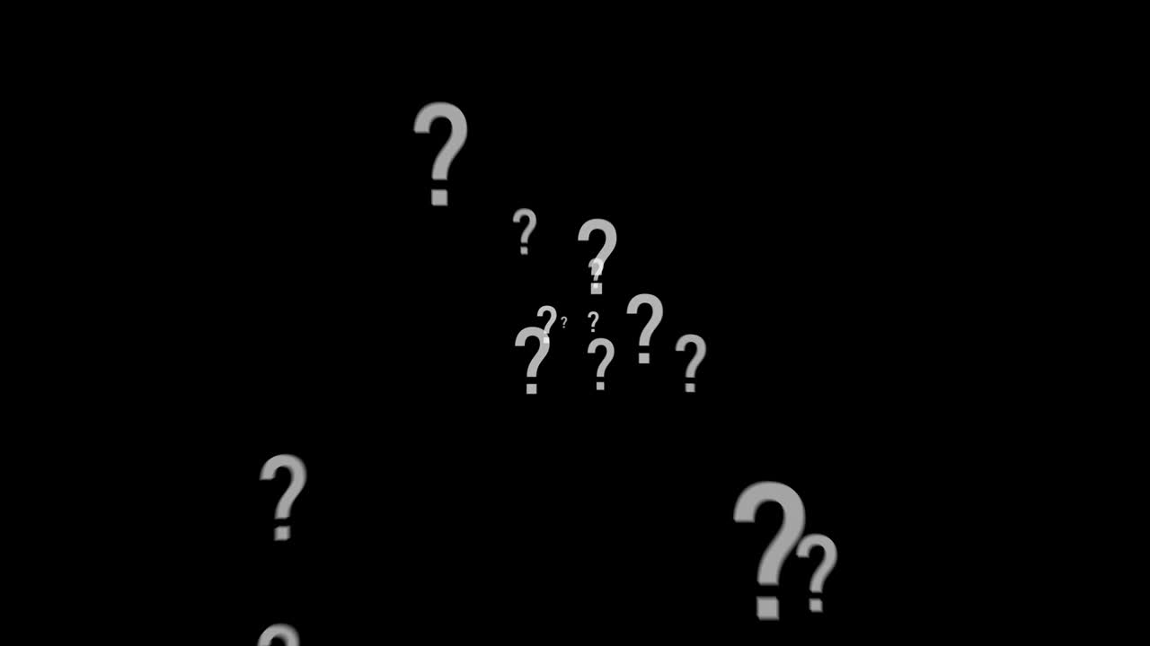 Animation of a lot of white question mark moving on black background.