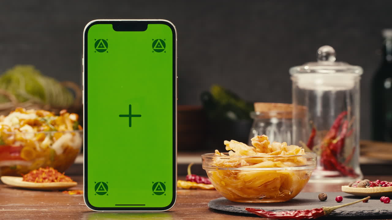 A green screen mobile phone, a portable communications device, is on a table next to a bowl of canned corn. The product is a useful gadget for telephony and communication. Fermented food served on table, mini corn, kimchi, eggplants, yellow cabbage