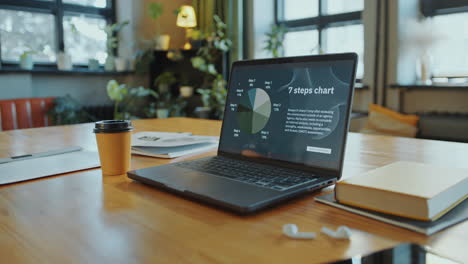 laptop with presentation on screen at desk in classroom or office