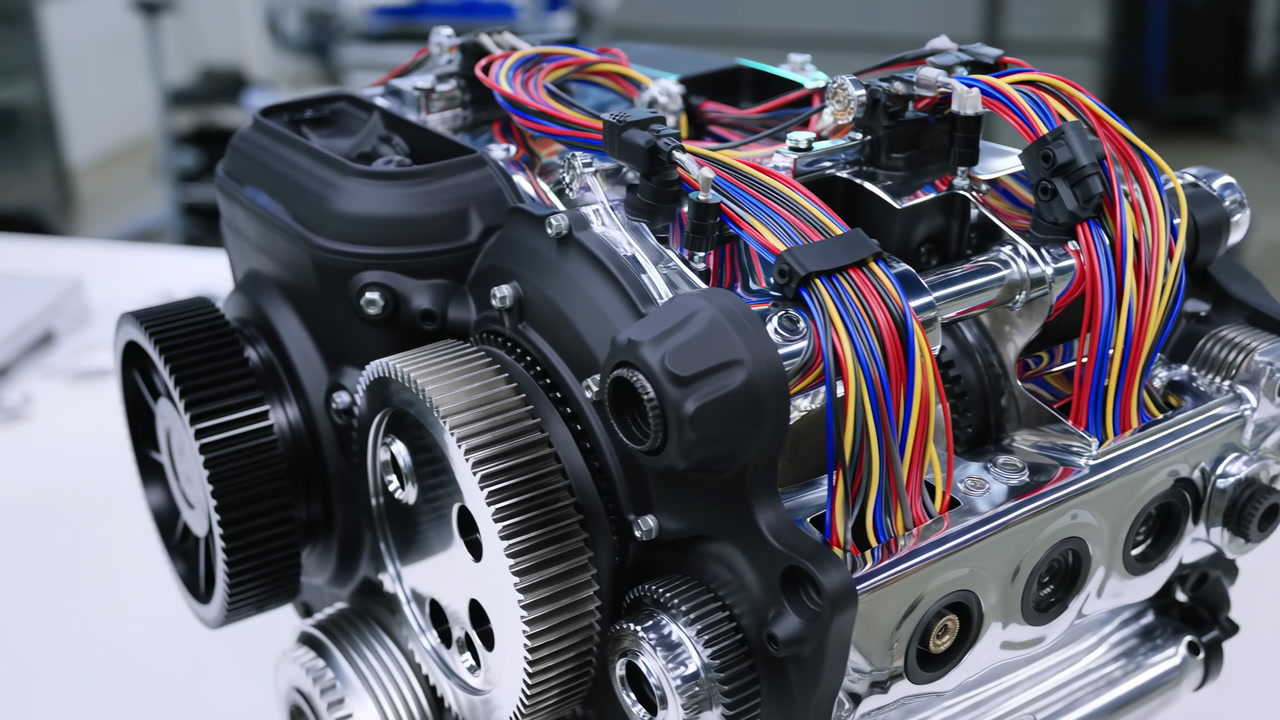 Closeup Automotive Engine Prototype Colorful Wiring And Exposed Gears On Workbench, Polished Aluminum Housing,