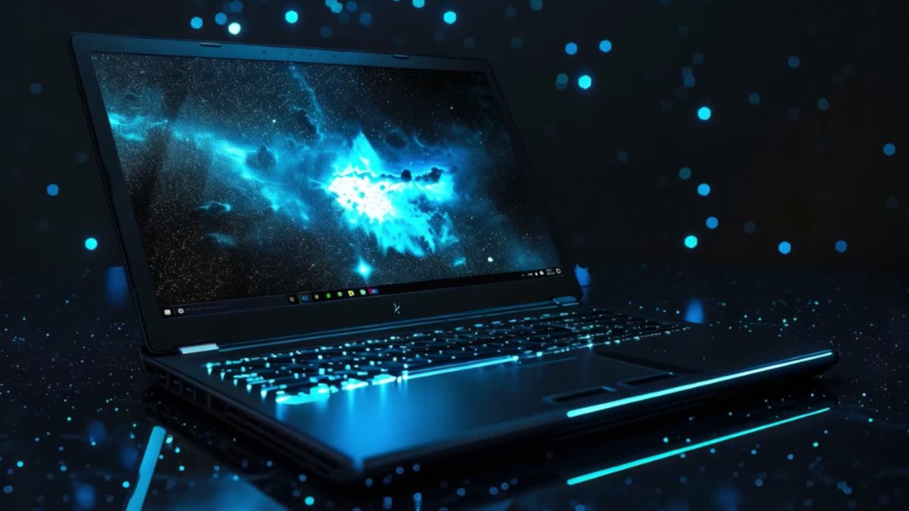 Futuristic Laptop with Glowing Blue Lights and Abstract Digital Background