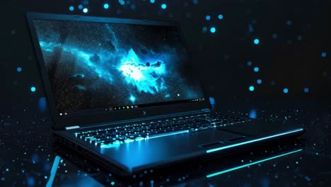futuristic laptop with glowing blue lights and abstract digital background